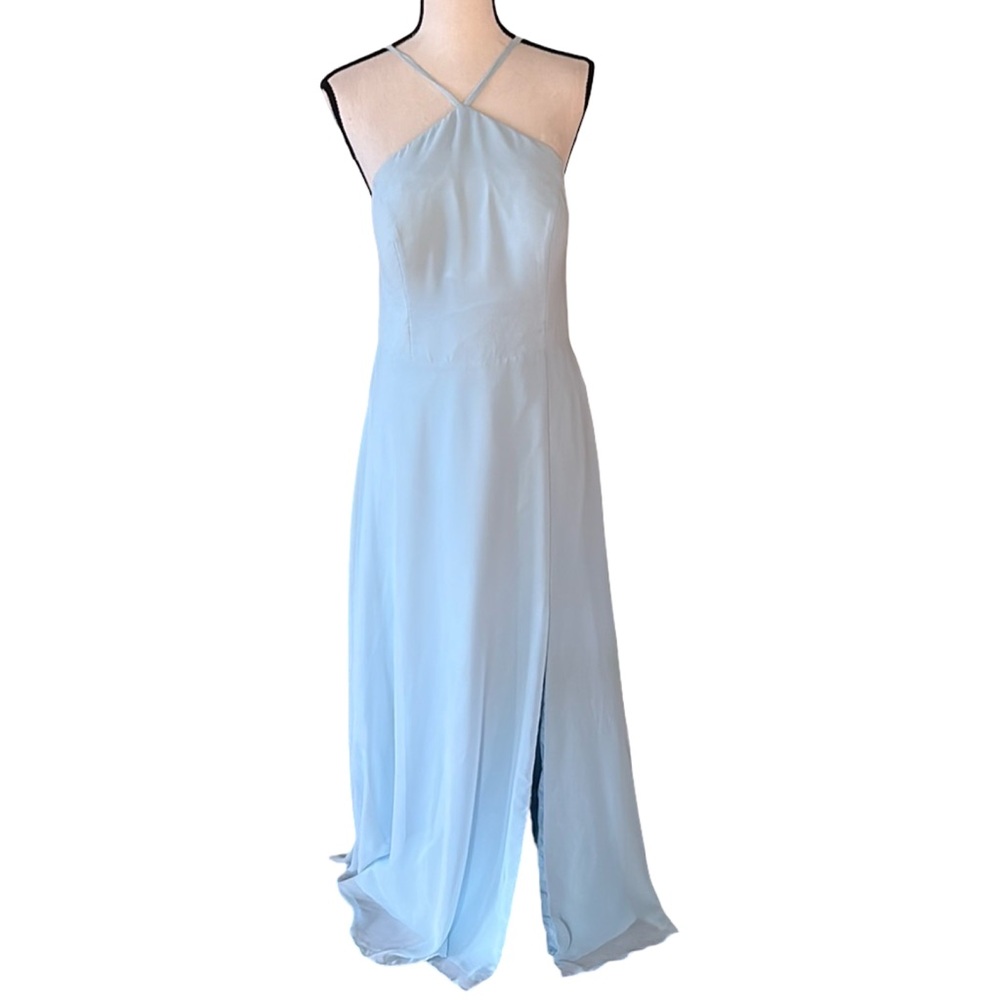 Azazie Bailey Sky Blue A-Line Halter Side Slit Chiffon Dress Size M - Picture 3 of 10